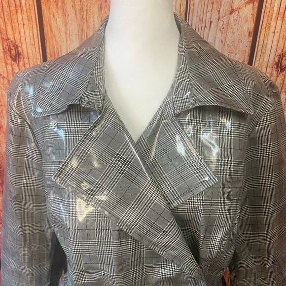 INC patent plaid raincoat size Large belted black white polyester trench jacket - Picture 6 of 8